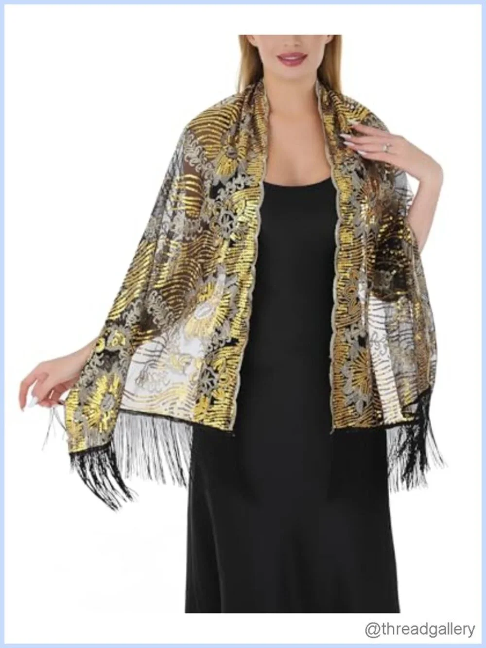 Sequin Shawl Wrap for Evening Dresses, Formal Wedding Sheer Mesh with Fringe,